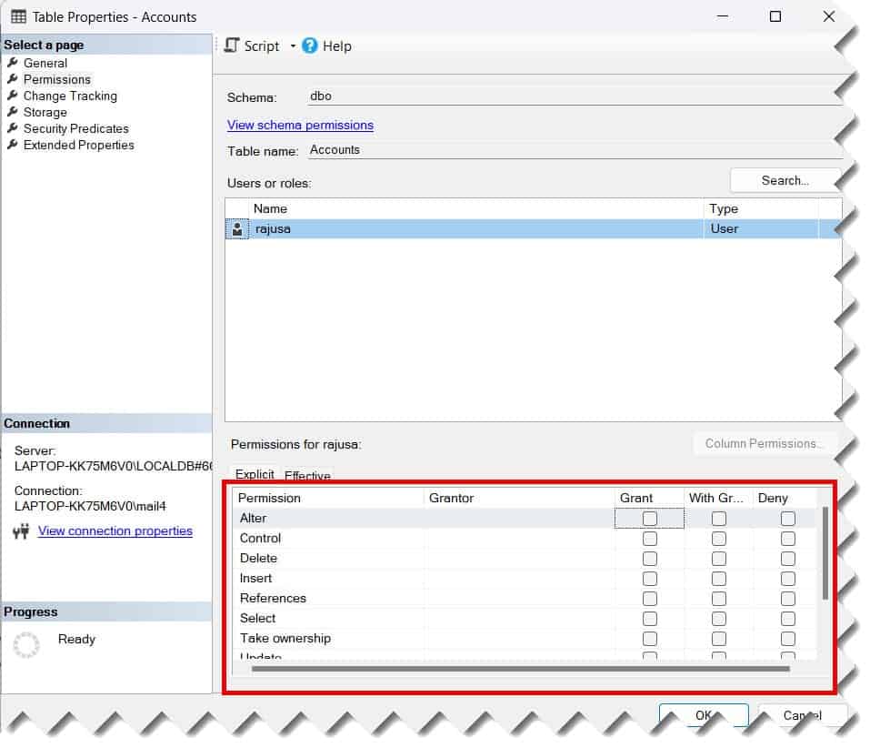 how to check table permissions in sql