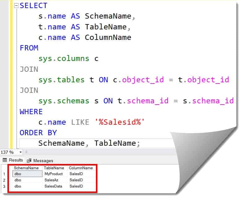 how to find table by column name in sql server