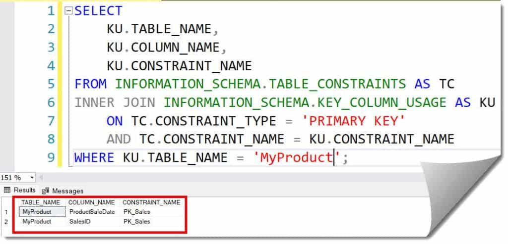 find primary key of a table sql server