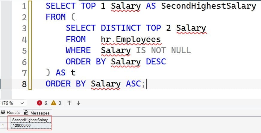 find second highest salary in sql server