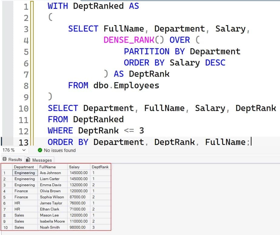 top 3 employees salaries department wise sql